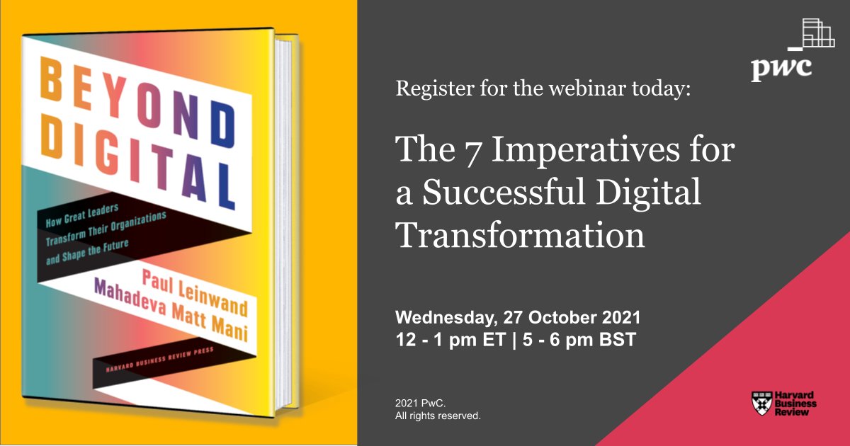 PwC's tweet photo. Is your organisation looking for ways to achieve a successful digital transformation? 

Our @PaulLeinwand and @MMahadev will share steps to take—plus stories of successful transformations from their upcoming book. 

Join us for the @HarvardBiz webinar. 

https://t.co/X6KDhHMAcK https://t.co/449Gu4DVLL