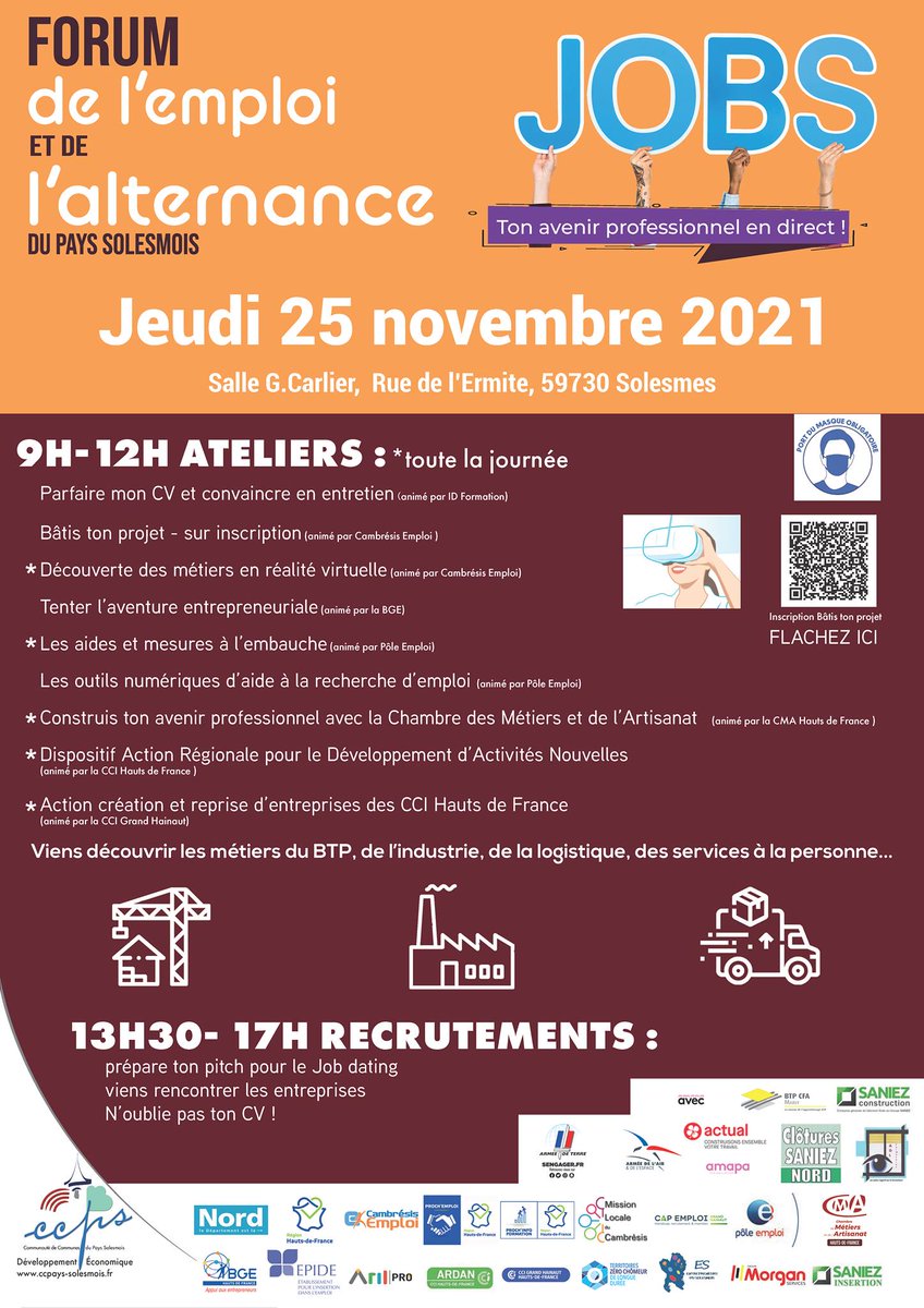 Forum de l'Emploi et de l'Alternance : Jeudi 25/11/2021, organisé par la Communauté de Communes du Pays Solesmois, salle G.Carlier à Solesmes,.
Présence de nombreux #partenaires de l'#emploi, de la #formation, et des #entreprises ayant des besoins de #recrutements !