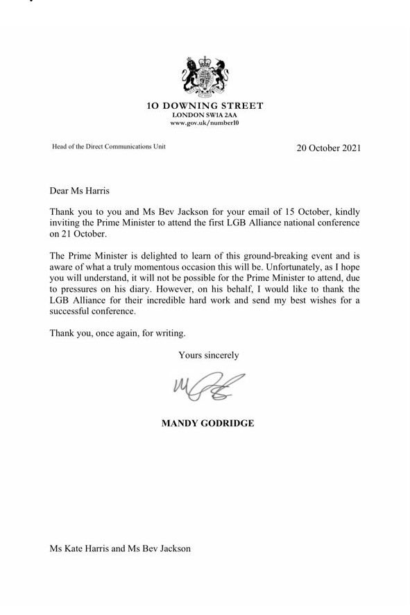 AllianceLGB's tweet photo. We appreciate the support of MPs and peers from all parties. Today, we are delighted and honoured to receive congratulations on our “incredible hard work” from ⁦the Prime Minister, ⁦@BorisJohnson⁩ as well as his best wishes for our conference. #LGBAlliance2021 👇 https://t.co/wLdOWvyVDV