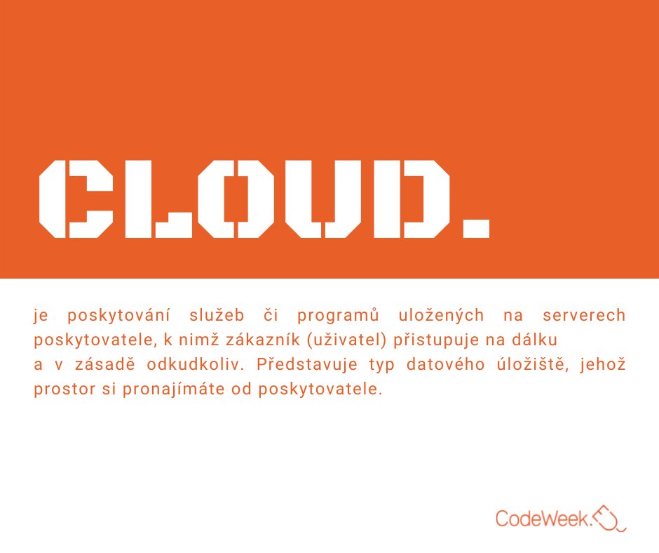 CodeWeekCZ's tweet photo. Co jsi dnes uložil do cloudu ❓
Sdílený online dokument nebo fotografie v online galerii, to vše máme v cloudu.☁️
#CoDictionary https://t.co/sgyM6NTfZK