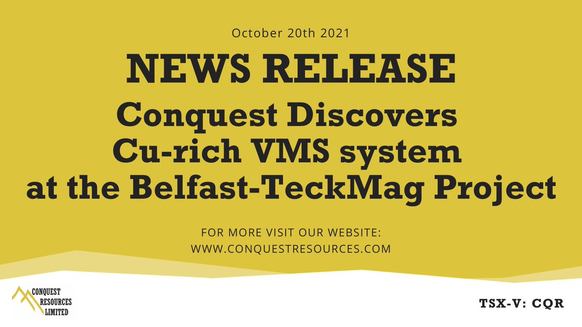 ConquestRes's tweet photo. $CQR NEWS RELEASE: Conquest Discovers Cu-rich VMS system at the Belfast-TeckMag Project

Full News Release: https://t.co/eEUxnWeen4

#ConquestResources #JuniorMining #MiningNews #Mining #Copper https://t.co/mlJuXGKUED