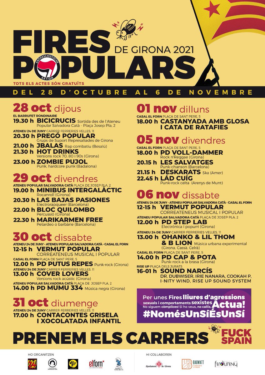 SalvadoraCata's tweet photo. 💥Ja tenim aquí el cartell de les Fires Populars de Girona 2021!!!

Ens sumem aquest any a unes fires autoorganitzades i pel poble, amb una programació feta amb moltes ganes i adaptacions fins l'últim moment! 😱

🔥 Llarga vida a la cultura popular! Prenem els carrers✊🏼 https://t.co/pHtdupX4qd