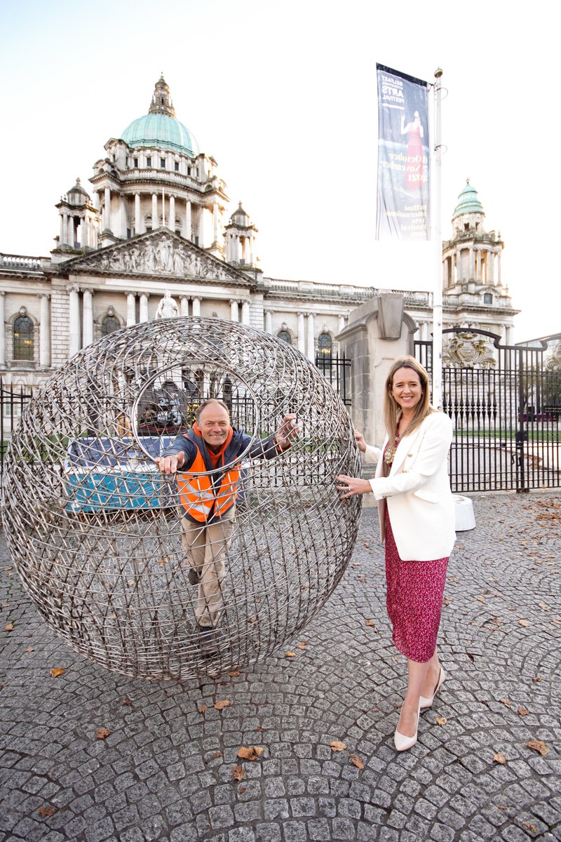 belfastcc's tweet image. Environmentalist Arnd Drossel stopped by City Hall to lend his support to our #OneWeeThing campaign, highlighting the small steps to sustainability which, together,  can bring change. He was welcomed by Lord Mayor @KateNicholl as he makes his way to #COP26 in a giant sphere.