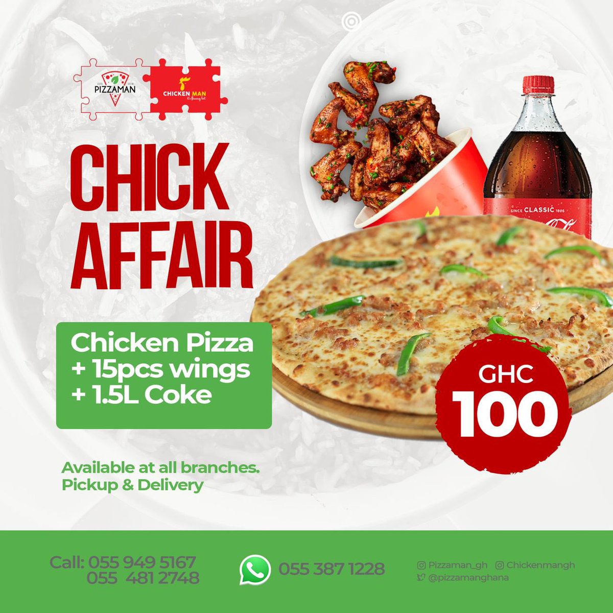 pizzamanghana's tweet photo. “Chick Affair “ package,  Get Chicken Pizza , 15 pieces of wings and 1.5L Coke for 100 cedis……….yes it’s the chick affair 😁😍 https://t.co/yxm7Mbtz9x