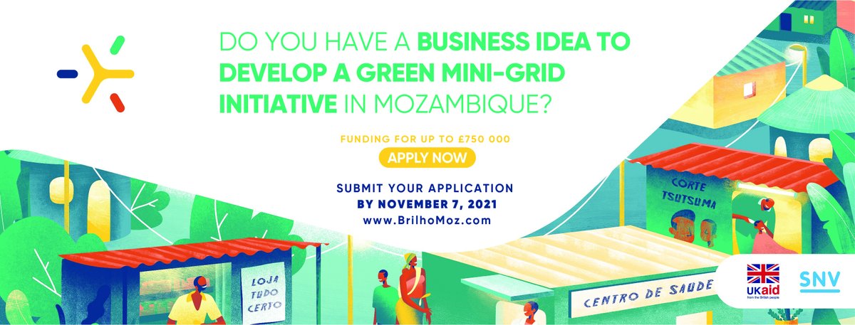 Call for Green Mini-Grid Initiatives in Mozambique: 
<a href="/SNVworld/">SNV - find us on Bluesky as snv.org</a> through the <a href="/UKinMozambique/">UK in Mozambique 🇬🇧🇲🇿</a>
 funded #BRILHO programme invites businesses seeking financial support to submit EoIs until Nov 7. brilhomoz.com/post/brilho-pr… 
Guidelines: brilhomoz.com/assets/HD_BRIL…