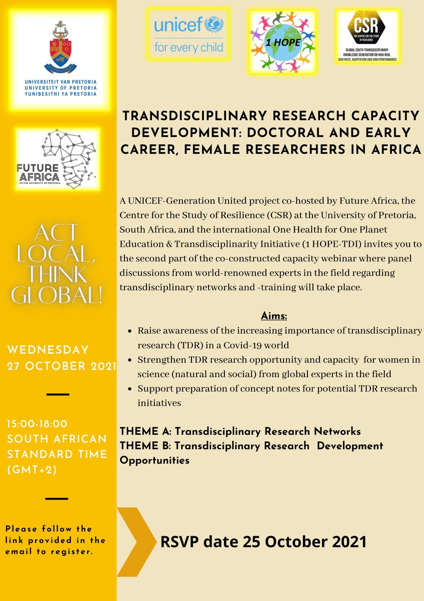 FutureAfricaUP's tweet photo. Women in Science: Transdisciplinary Solutions to Global and Community Challenges! #FutureAfrica @UPTuks @UNICEF_SA @_GenUnlimited @CSRUP #CSR #1HOPE-TDI
27 Oct, 3:00 PM (SAST)
Register here: https://t.co/K0b2H2eN0E
RSVP 25 Oct. https://t.co/JnjDfHzrYJ