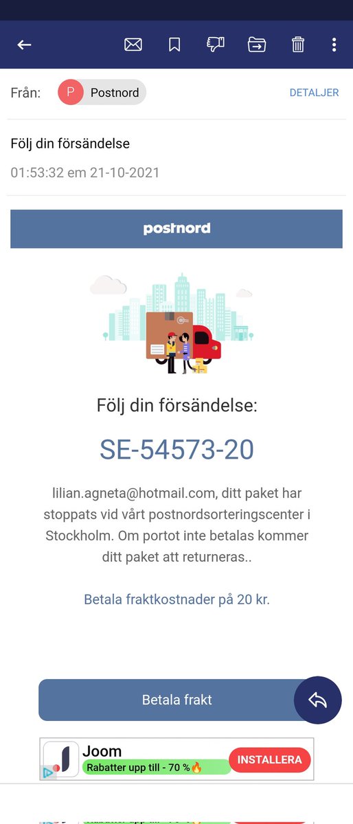 agneta_joha's tweet photo. @PostNordSverige Hej! Fick det här på mejlen idag? https://t.co/EtM0iaoqMG