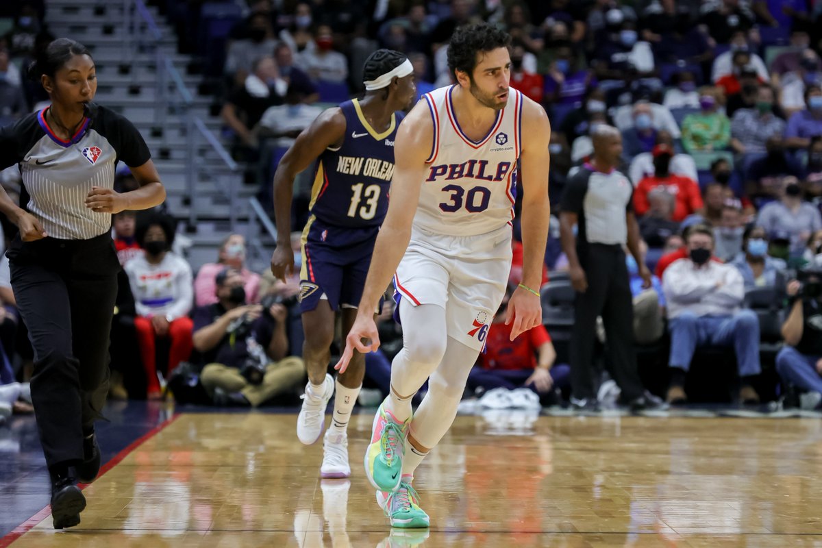 SportsRadioWIP's tweet photo. 1-0. 

Furkan Korkmaz was a monster in the opener, shooting 7-11 FG, 4-4 3FG, 4-4 FT for 22 points in 20 minutes off of the bench. 🔥 https://t.co/W8PYret4I1