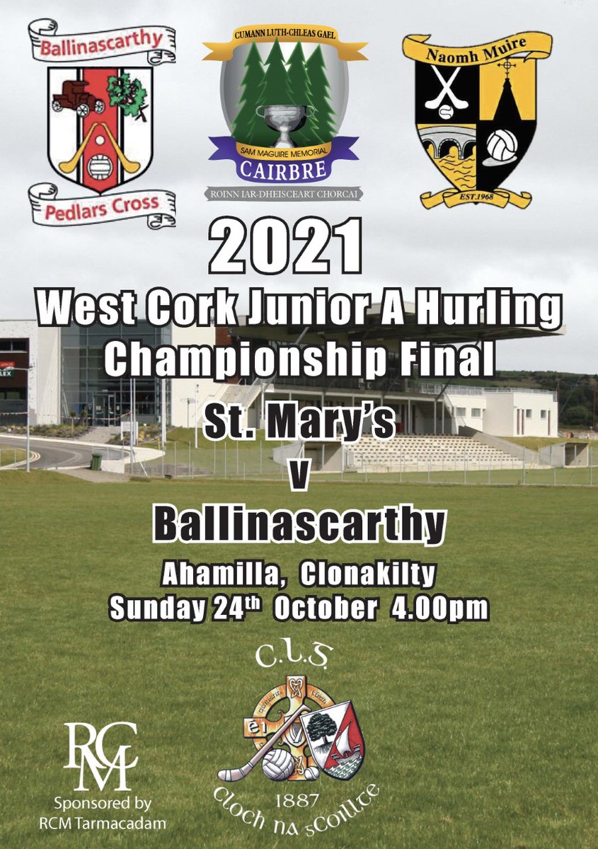 carberygaa's tweet photo. All roads lead to Clonakilty this Sunday for the @RCMTarmacadam  Junior A Hurling Final between @BalGAAofficial  and @SaintMarysGAA.  Throw in 4pm. Best of luck to both teams and host club Clonakilty GAA.@C103Cork @SouthernStarIRL @ExaminerSport @echolivecork https://t.co/s29SgzALhz