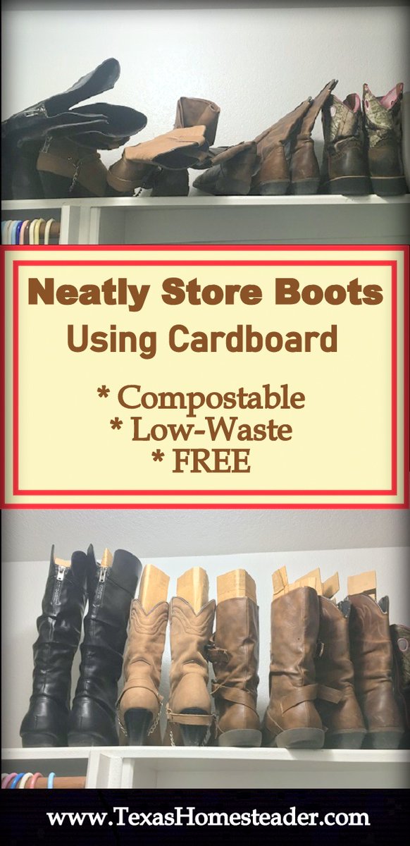 Tx_Homesteader's tweet image. I needed a low-waste way to more neatly store my boots. I used repurposed cardboard. When it's no longer needed to shape my boots it's fully compostable. texashomesteader.com/low-waste-stor…
.
.
#TexasHomesteader #EcoFriendly #BootStorage #Cardboard #HomesteadHack