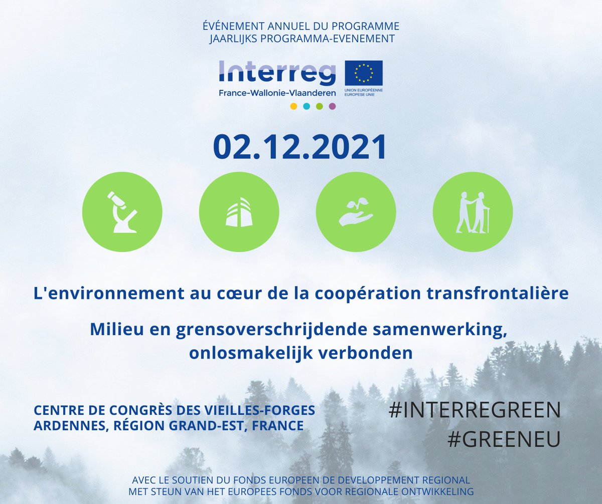 InterregFWVL's tweet photo. 02.12.2021 Événement annuel 2021
Les inscriptions sont ouvertes!
L'environnement🌿au cœur de la coopération transfrontalière🇧🇪🇫🇷
Découvrez les réalisations et résultats des portefeuilles et micro-projets Interreg V
https://t.co/ThsyOK3v82
#INTERREGREEN #GREENEU #INTERREG https://t.co/gIIpLLmfl1