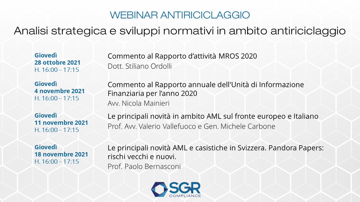 Partecipa alla nuova serie di #webinar gratuiti in materia di #antiriciclaggio organizzati da SGR Compliance
Iscrizione tramite il sito sgrcompliance.com/events
#antimoneylaundering #AML #moneylaundering #dirtymoney