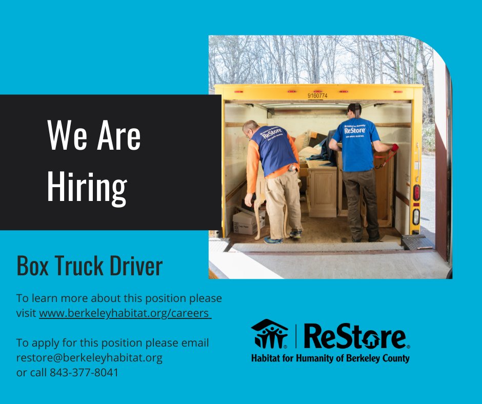 HFHBerkeley's tweet photo. We are currently looking for a Box Truck Driver🚛to join our @HFHBerkeley ReStore team.  

To learn more please visit https://t.co/92Cto546WT
To apply for this position please email restore@berkeleyhabitat.org or call 843-377-8041

#BerkeleyHabitatReStore #BerkeleyHabitat https://t.co/F4JiMfJPXj