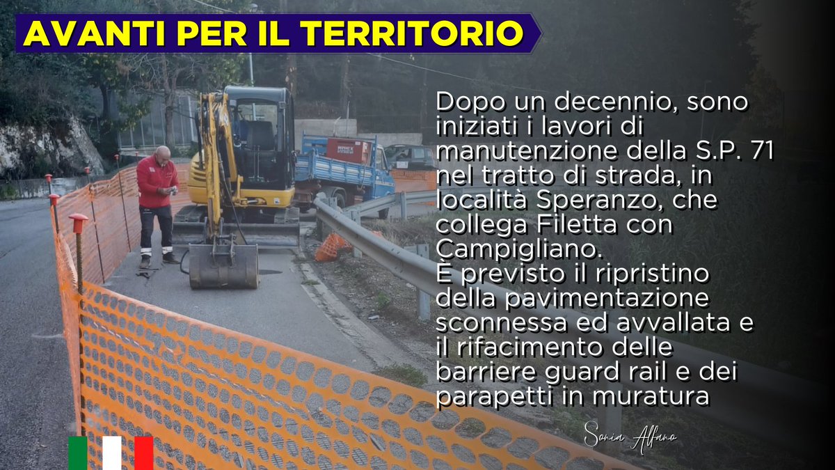 🔵 𝙎.𝙋. 71 𝙖𝙫𝙫𝙞𝙤 𝙙𝙚𝙞 𝙡𝙖𝙫𝙤𝙧𝙞 𝙙𝙞 𝙢𝙖𝙣𝙪𝙩𝙚𝙣𝙯𝙞𝙤𝙣𝙚 

Dopo un decennio, finalmente sono partiti i lavori per il ripristino della pavimentazione stradale sconnessa ed avvallata e per il rifacimento dei parapetti in muratura e barriere guard rail.

#territorio