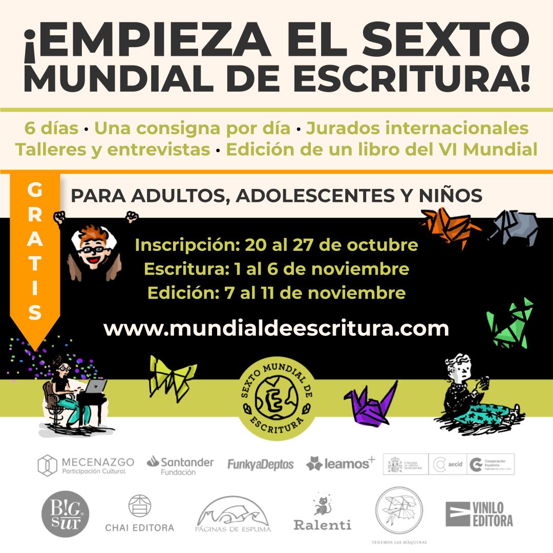 santiagollach's tweet image. Arranca el VI Mundial de Escritura. Esta vez tranqui, sólo seis días de escritura, y más tiempo para editar.

¡En marzo sale un libro con los textos ganadores!

Ya hay 3500 inscriptos en 16 horas, récord. Hay tiempo hasta el miércoles 27 en mundialdeescritura.com. ¡Gratis!