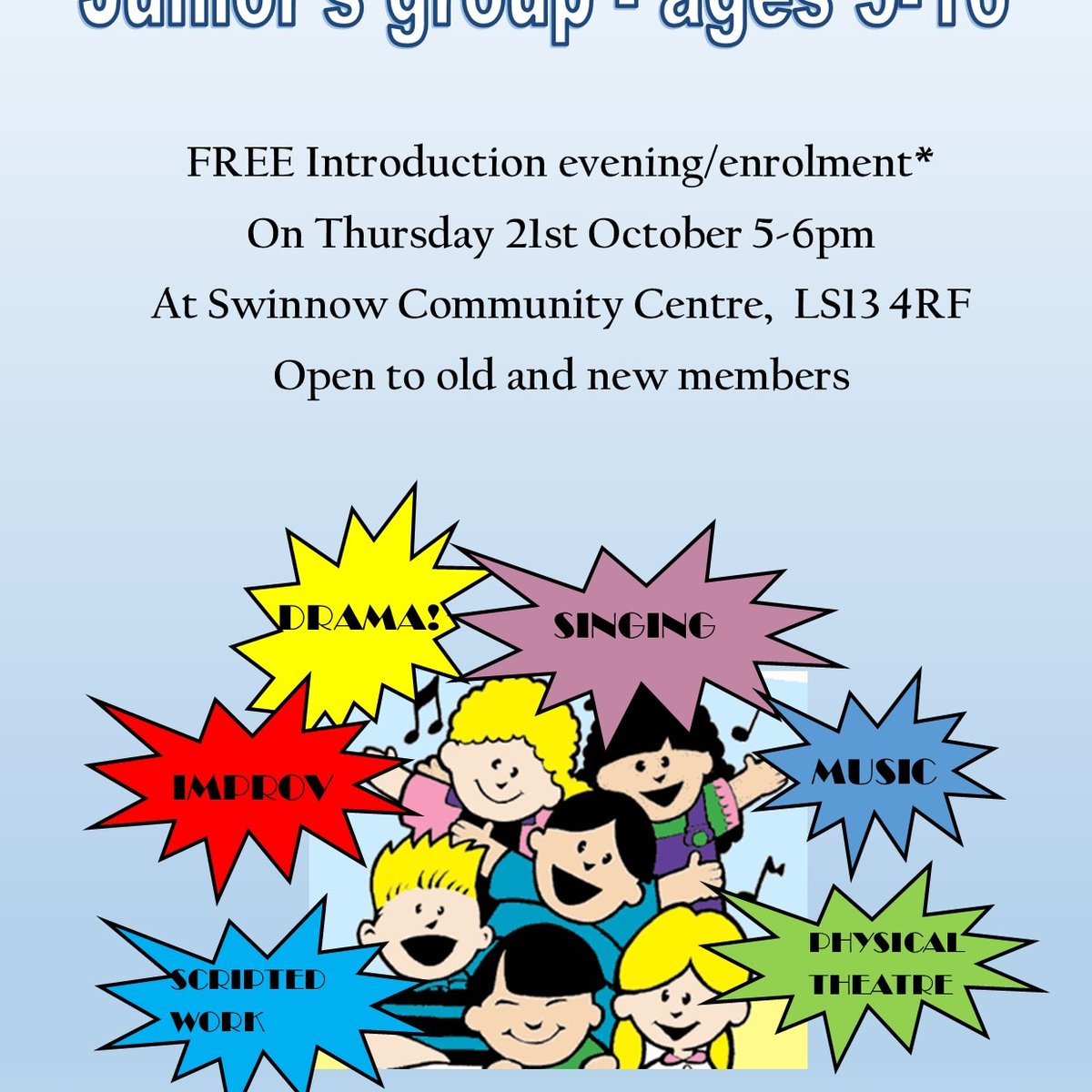 GericaIPTC's tweet photo. The junior group is back by popular demand! This evening at 5pm #swinnowcommunitycentre #interplaytheatre #iptcleeds #dramatherapy #westleeds #musicaltheatre #socialanxiety
#pudseywellbeingcentre #pudseylottery #child https://t.co/Ghh7Mr5c52