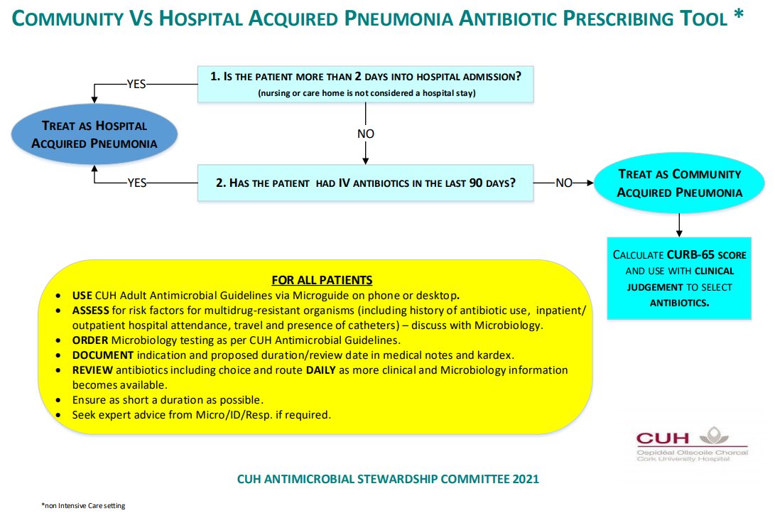 CUH_AMS's tweet photo. 📣 Prescribing antibiotics for Community Acquired Pneumonia in hospital:

CURB Your Enthusiasm and check out our pneumonia antibiotic prescribing tool @CUH_Cork  
@DrJacksonCork @drcsadlier @kennedymarcus @mikecuh @drconordeasy @adrmurphy @ahernemer @drliamhealy https://t.co/E3LLGgtc6g