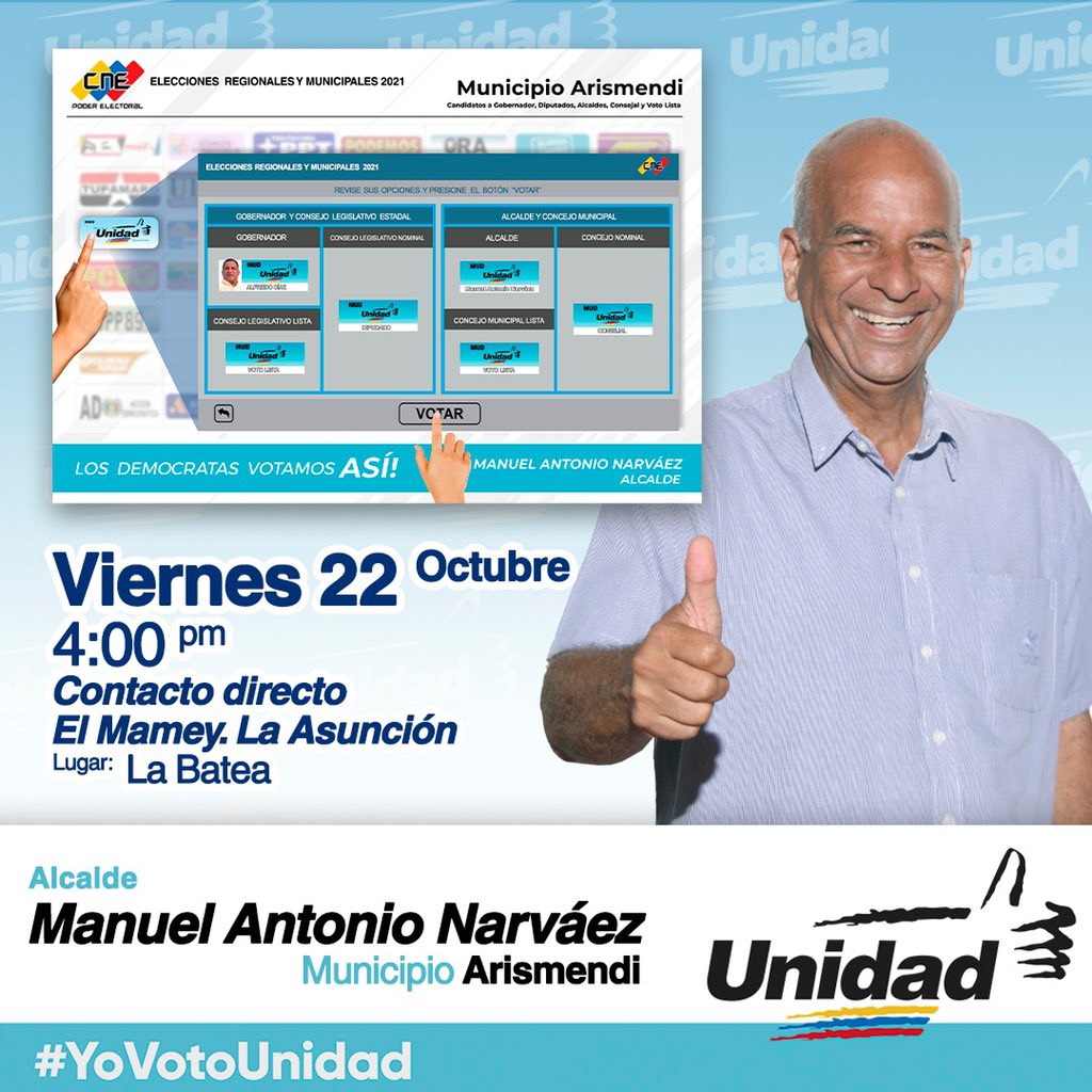 alfreditodiaz's tweet photo. En *UNIDAD* vamos con todo Arismendi!
Te invito acompañarme *mañana viernes 22Oct* a un contacto en *El Mamey. La Asunción*. Lugar: La Batea Hora: 4pm.

#AquiEstamos
#UnidosParaLuchar
#MudUnidadSomosTodos
#ResteadosConAlfredo
#UnidadYFuerza https://t.co/sbwZCZ7TVE