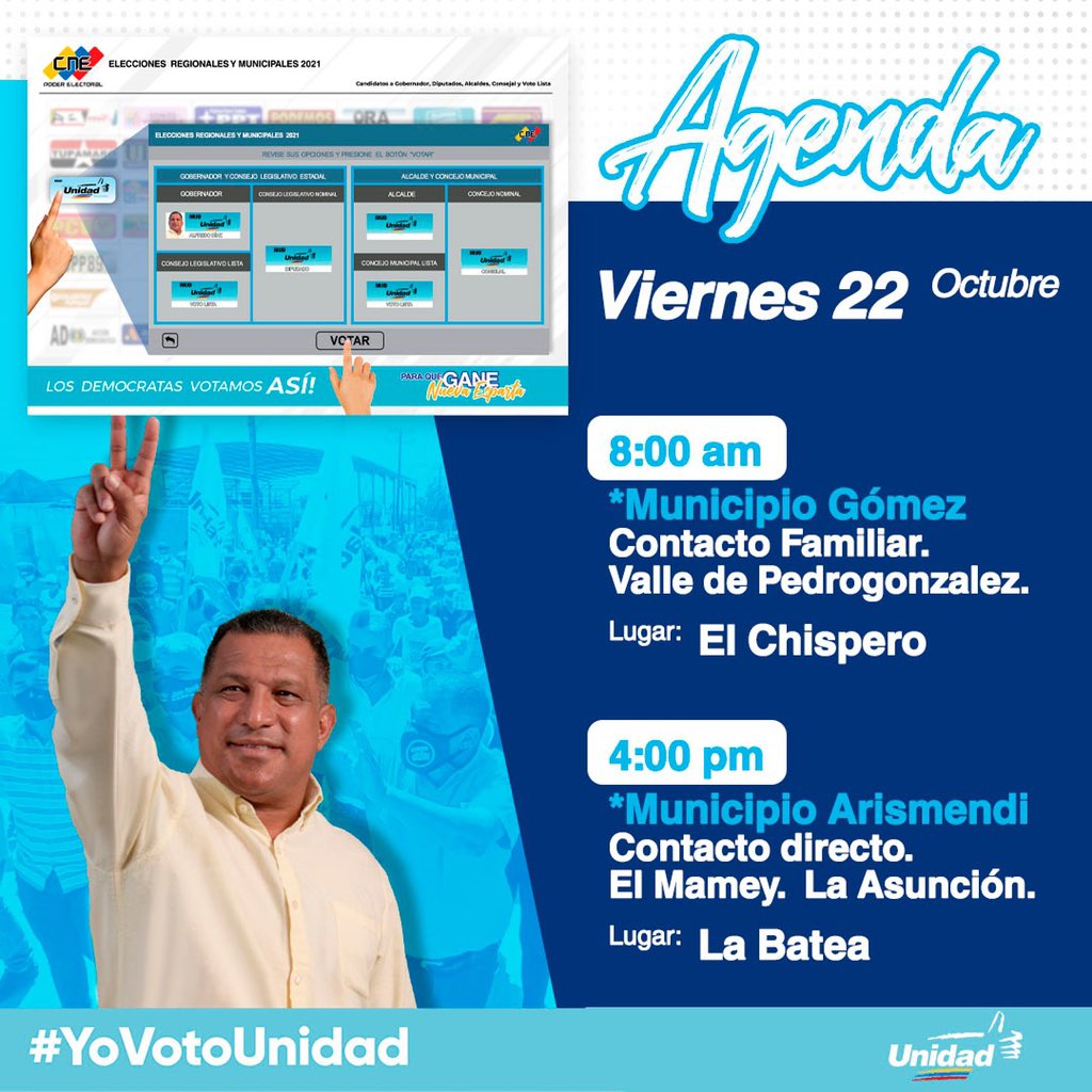 alfreditodiaz's tweet photo. En *UNIDAD* vamos con todo Arismendi!
Te invito acompañarme *mañana viernes 22Oct* a un contacto en *El Mamey. La Asunción*. Lugar: La Batea Hora: 4pm.

#AquiEstamos
#UnidosParaLuchar
#MudUnidadSomosTodos
#ResteadosConAlfredo
#UnidadYFuerza https://t.co/sbwZCZ7TVE