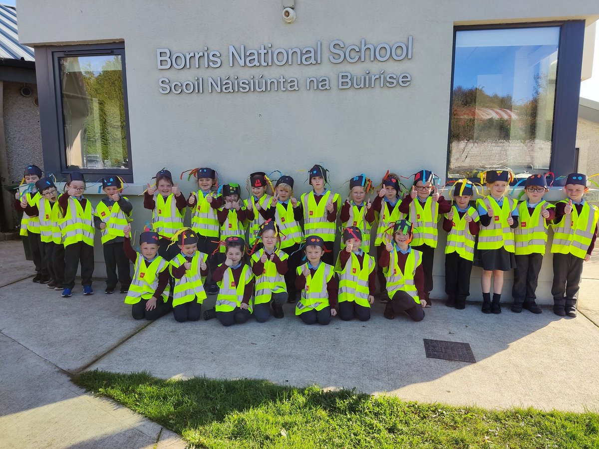 Junior and Senior Infants wearing the high vis jackets sent to them by the RSA. They're learning how important it is to be seen and keep safe when out walking, especially as we approach the darker evenings of winter. #SaferToSchool