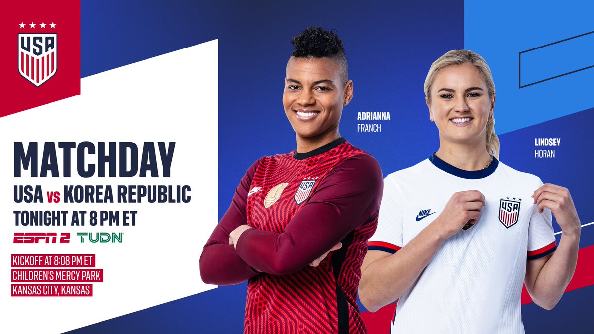 USWNT's tweet image. GAME DAY IN KC! 💪

🇺🇸 vs. 🇰🇷
📍: @cmpark
🕗: 8 p.m. ET (official kickoff at 8:08 p.m. ET)
📺: ESPN2, @TUDNUSA 
📰: ussoc.cr/1021-kor-mp
📲: #USAvKOR