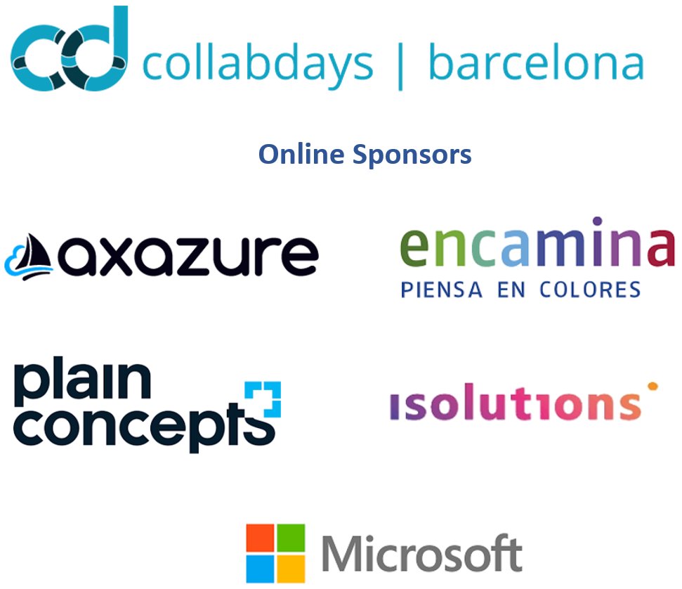 CollabDays_BCN's tweet photo. #Sponsorship #CollabdaysBCN no sería posible sin el apoyo de nuestros sponsors #online 🥉 @AXAZURE @ENCAMINA @MicrosoftES @isolutions_bcn @plainconcepts ¡Muchas gracias! 👏
📘 Agenda 👉 https://t.co/rtI5sOdeQX
✍ Registro 👉 https://t.co/xqrA6n3GzM
@SUG_CAT @CollabDays https://t.co/vohSsUckzk