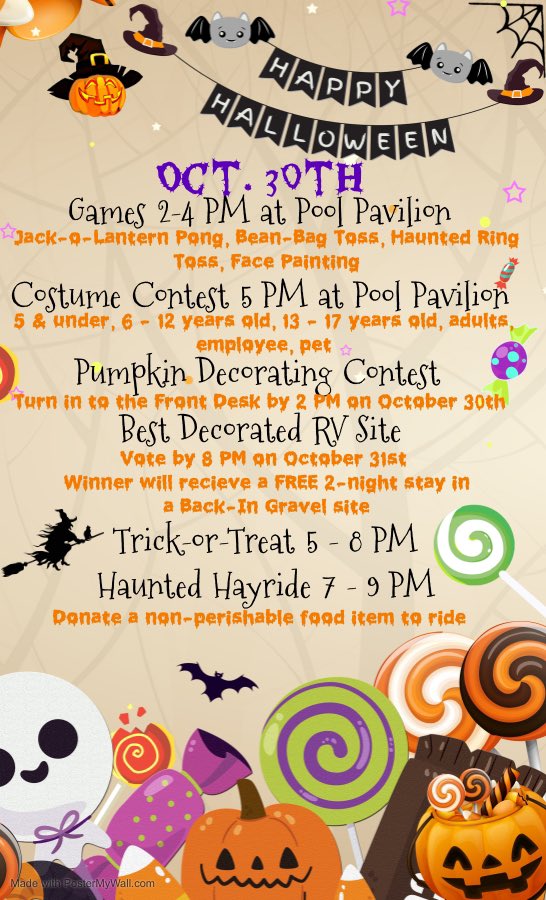 🎃 Attention Boys and Ghouls! You are invited to our Spooktacular Halloween Party 👻
We have activities planned for our guests that will be here on October 30th
Don’t forget to decorate your site! The winner will receive a FREE two-night stay in one of our Back-In Gravel sites
