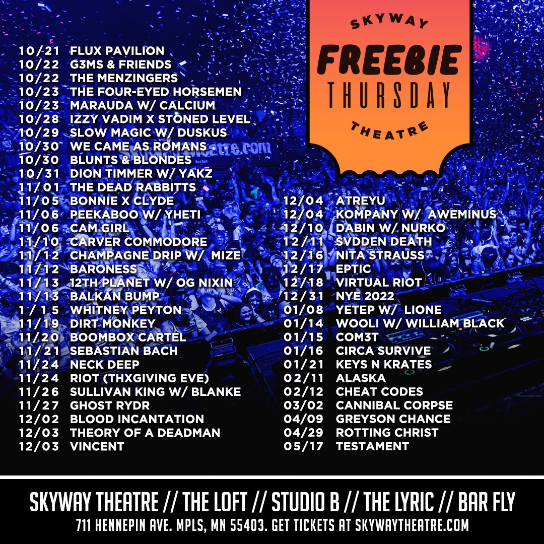 SkywayTheatre's tweet photo. 🎊 FREEBIE THURSDAY 🎊

We're BAAAACK! Enter to win a pair of tickets to any of the shows listed above! All you have to do is.... 1. LIKE this post. 2. RT this post. 3. COMMENT below with the show you want to attend!

1 Lucky winner will be picked tonight! Enter on IG and FB too! https://t.co/oEI3yEsAQb