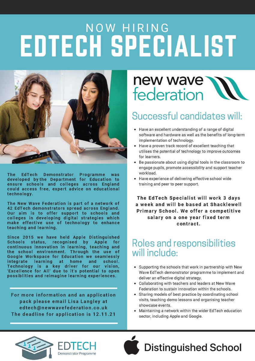 Are you an expert on all things #edtech? 🧑‍💻

We are #recruiting for an Ed Tech Specialist to join our innovative and dynamic team.

Please find further information below and contact us with any questions. 

#EducationJobs #edutwitter #edchat