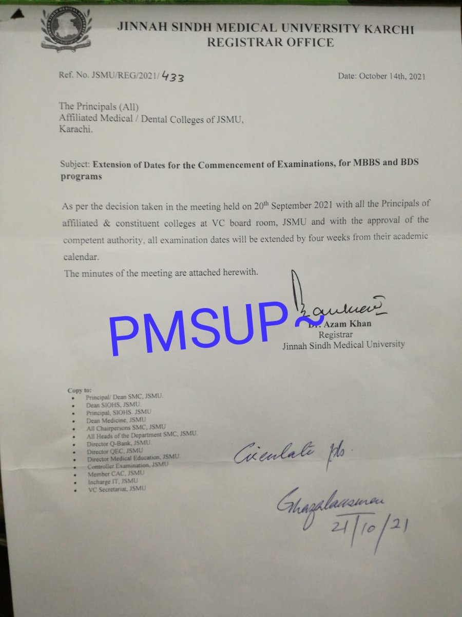 ydakmc's tweet photo. JSMU Karachi issued notification for the delay of MBBS &amp; BDS proffs. UHS has already delayed their proffs.

Then why noy KMU?
#ProtestAgainstKMUProff https://t.co/C9utU8UpCg