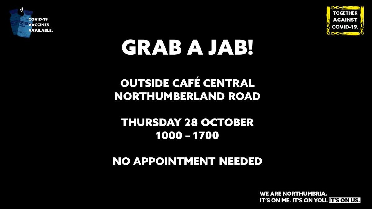 NorthumbriaUni's tweet photo. The vaccination bus will return to City Campus on the 28th October for anyone that needs to be vaccinated against Covid-19. Open from 10:00 until 17:00 on Northumberland Road, it is available to all staff and students, no appointment needed. #TogetherAgainstCovid https://t.co/HVVwI3WlMf