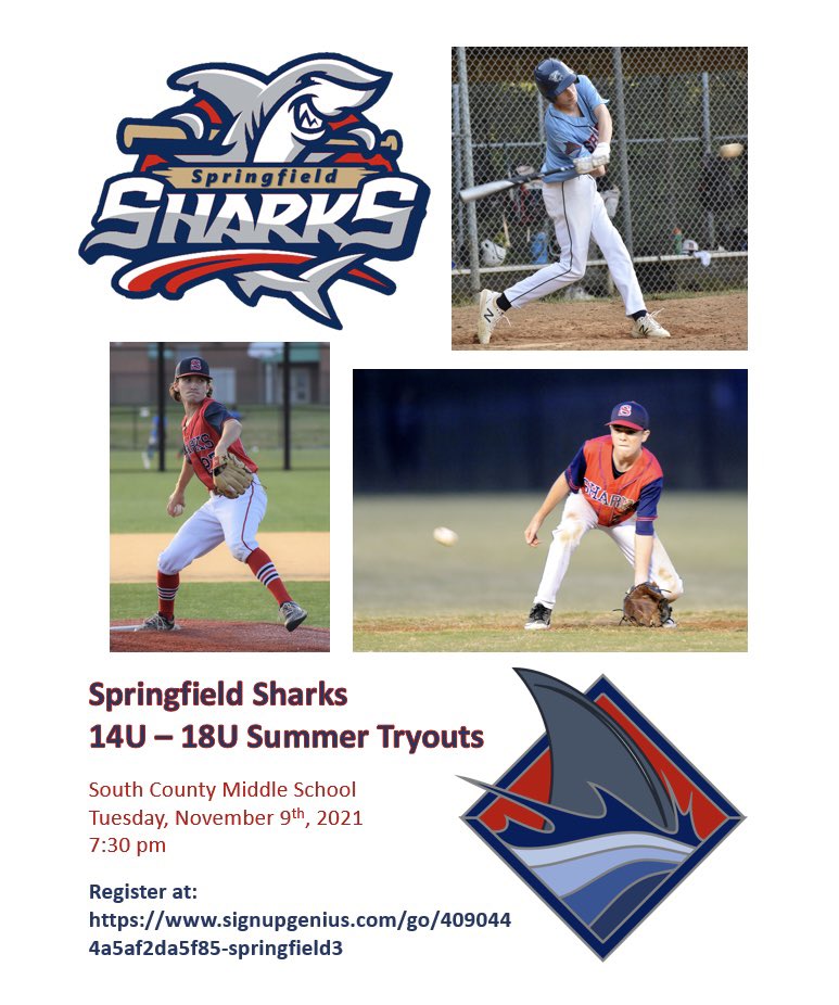 SSharksBaseball's tweet photo. Summer 2022 tryouts for Sharks 14u - Varsity teams are scheduled for Tuesday, November 9, 2021 at South County MS at 7:30 pm. Register at: https://t.co/FgYgd3np96 #Finsup21🦈 #accountability https://t.co/hxzM6jonKG