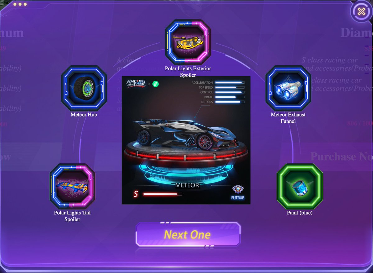 afcorin's tweet photo. #onFlow does it again. Was endowed with this Meteor S in the Racing time drop. With Polar Light Spoiler alerts front and back, it's time to make this machine perform like a SSS ! Can't wait for track time #Racingtime @RacingTime_now 
0x98bd7cb4cd42967c https://t.co/Pi0w1EuRVI