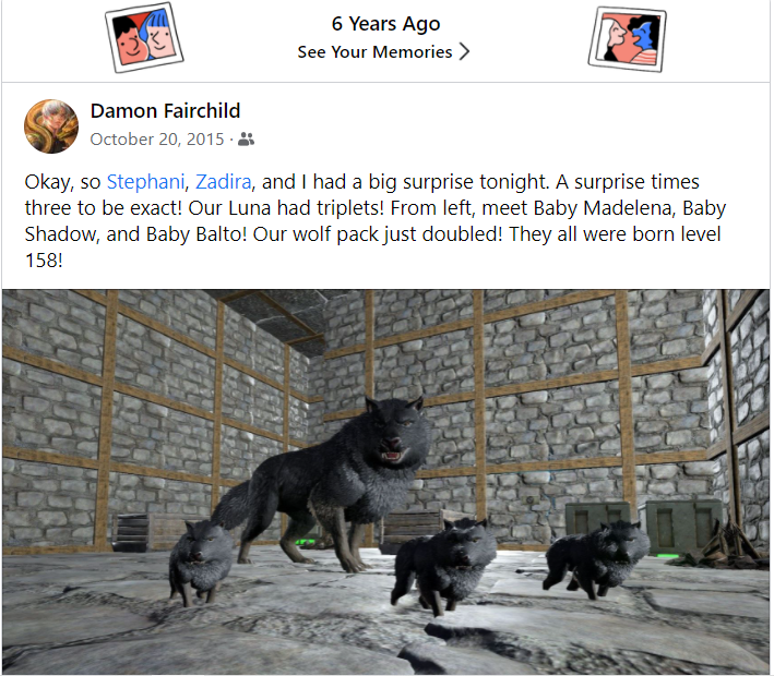 SteffyLouise's tweet photo. This showed up on facebook. It was 6 years ago that the breeding update went live in ARK: Survival Evolved. We bred our dire wolves and got triplets on the first go! It was a crazy 48 hours. Very tired hours caring for these babies. π€£π€£π€£ @survivetheark #playark #arkislife https://t.co/FgOG8hEu1o