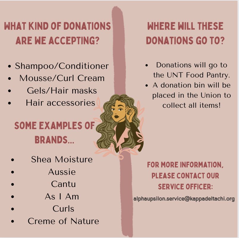 The sisters of Alpha Upsilon are hosting a textured hair pepsi it drive! ✨✨All donations will go to the UNT Food Pantry. The donation box will be on the Union 2nd floor next to the syndicate from 10/18-11/1. We hope you join us in gathering donations! 🐧💓✨