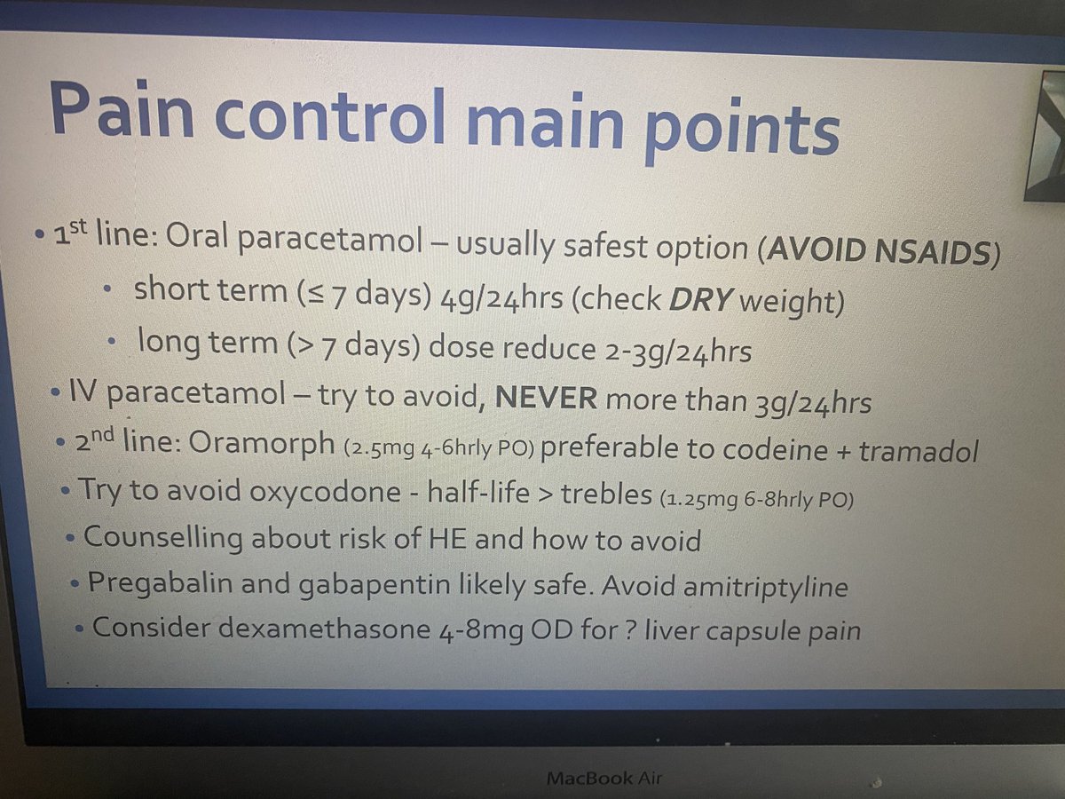 Paracetamol especially is a useful form of analgesia and often poorly used in liver disease especially by non specialists who are anxious about using. Vastly preferable to NSAID or codeine. #palliativehepatology #BASLEOL