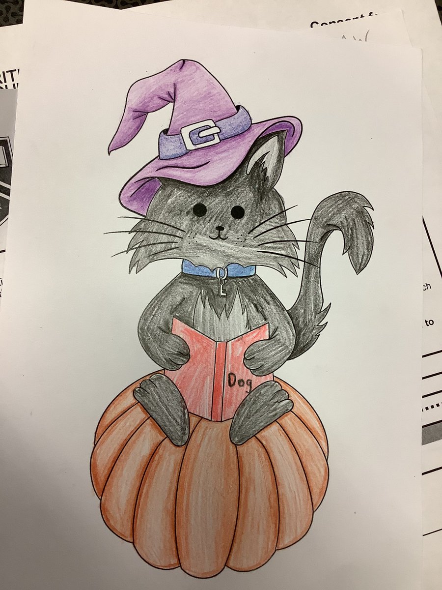 Library_Strath's tweet image. Happy Halloween reading to you from this cute little creature! Our #LibraryCommittee illustrated this #Library #cat &amp;amp; pupils can choose what #book it is #reading. 🎃☺️⭐️😺📚🎃
