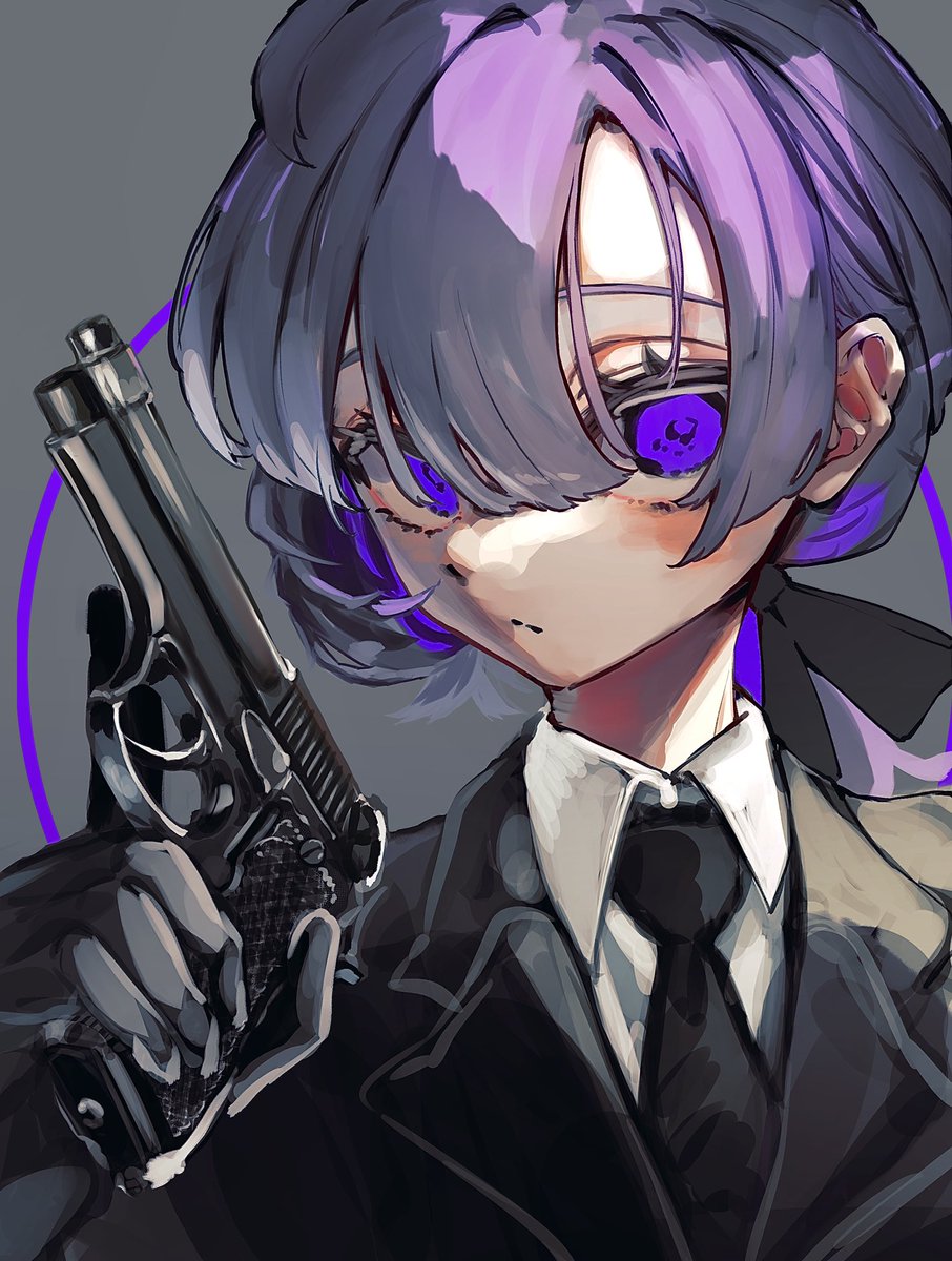 1girl weapon gun solo holding necktie purple eyes  illustration images