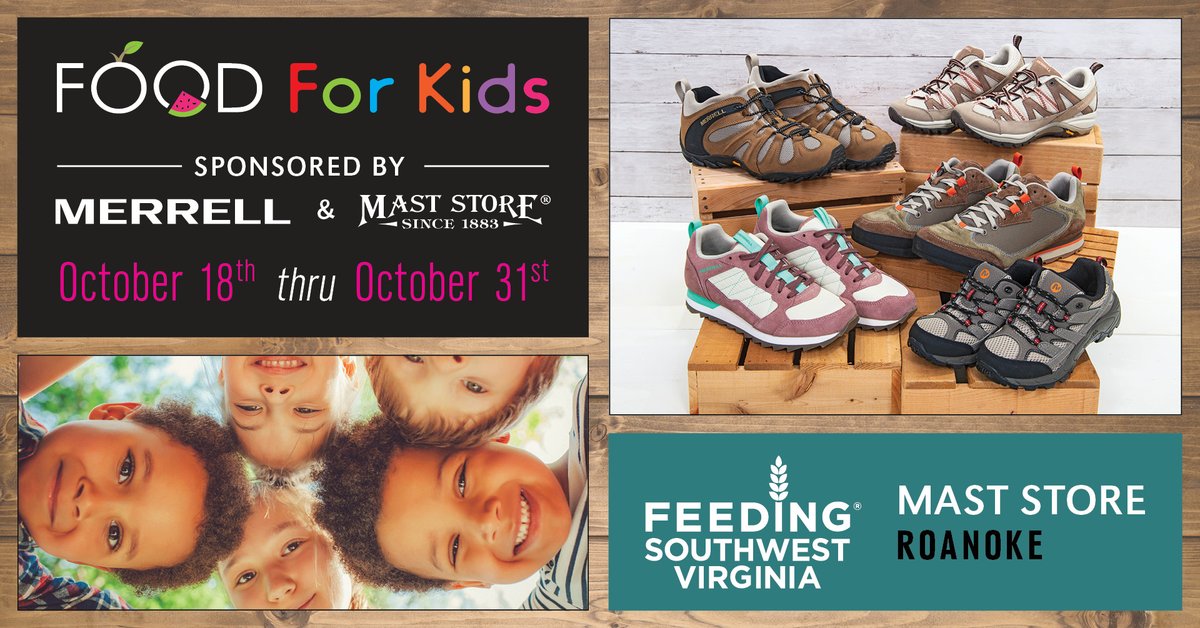 FeedingSWVA's tweet photo. Have you started your holiday shopping yet? Our amazing partners at Mast General Store V will donate $15 directly to FSWVA for every pair of Merrell Shoes sold until Oct 31st! Shop for shoes and feed children facing food insecurity. #winwin
#feedingswva #fighthunger https://t.co/SXT5MMqnlo