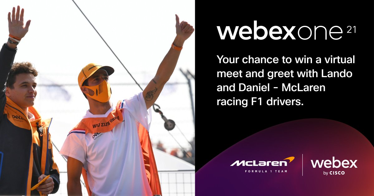 Webex's tweet photo. Want to learn about the latest Webex product innovations AND win a virtual meet and greet with @McLarenF1 drivers — @danielricciardo &amp; @LandoNorris? 

It's easy! Just register for #WebexOne — it's free!

➡️ https://t.co/7nX5nuwFrM https://t.co/Ziap2mmaQi