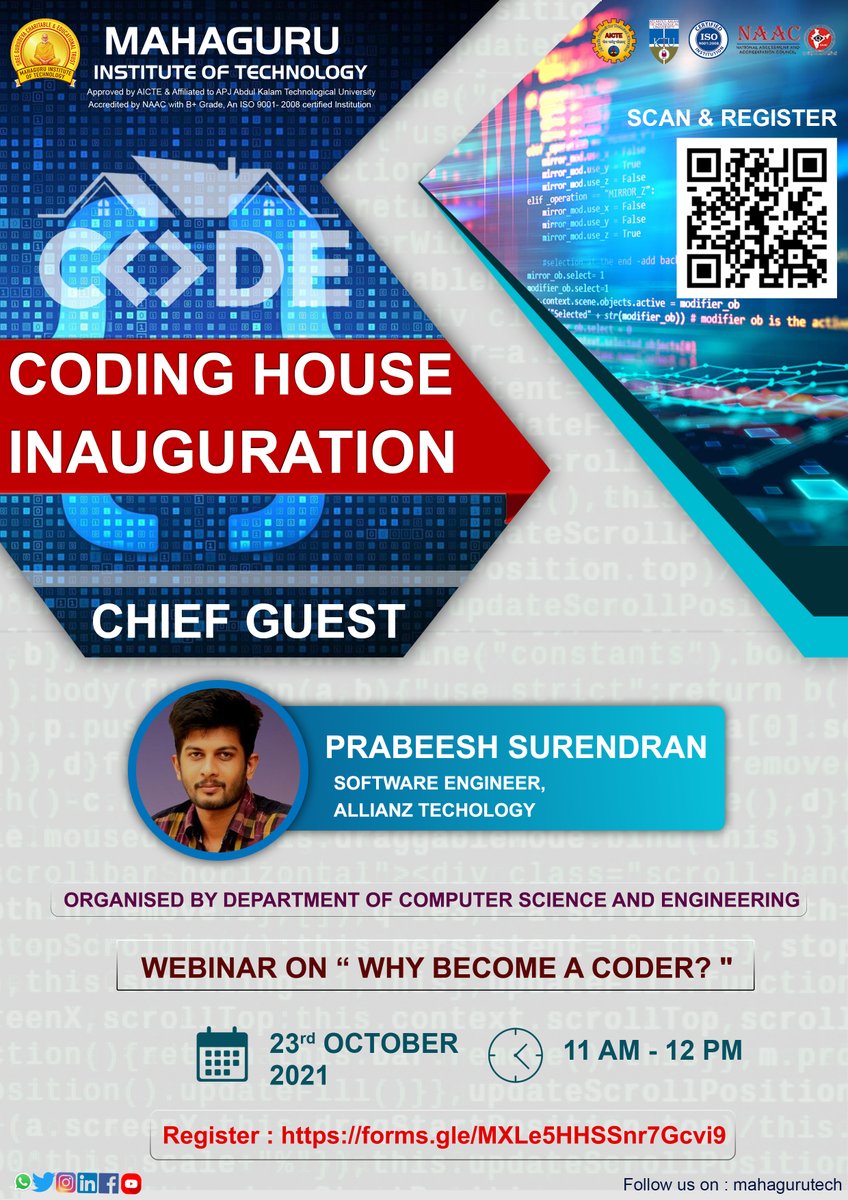 mahaguru_tech's tweet image. 𝐂𝐎𝐃𝐈𝐍𝐆 𝐇𝐎𝐔𝐒𝐄 𝐈𝐍𝐀𝐔𝐆𝐔𝐑𝐀𝐓𝐈𝐎𝐍 𝐀𝐍𝐃 𝐖𝐄𝐁𝐈𝐍𝐀𝐑 𝐎𝐍 &quot; 𝐖𝐇𝐘 𝐁𝐄𝐂𝐎𝐌𝐄 𝐀 𝐂𝐎𝐃𝐄𝐑 &quot;
#mahaguru_institute_of_technology #CodingHouse #inauguration #webinar #kayamkulam