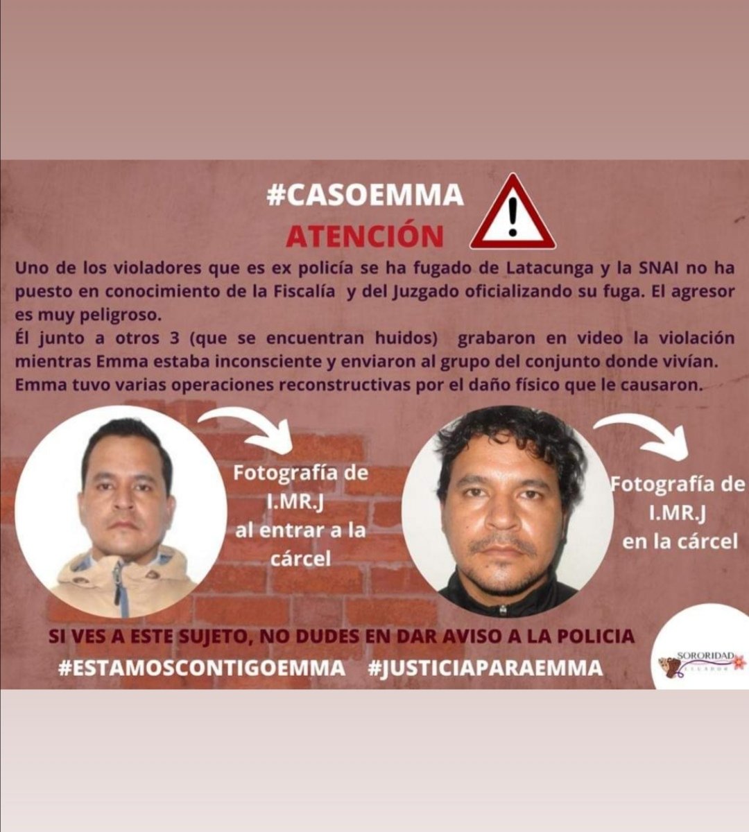 ALERTA
VIOLADOR PRÓFUGO

No olviden esta cara y difundamos!

Por ti #Emma, por todas, la policía no nos cuida, entre nosotras nos cuidamos. 

#JusticiaParaEmma
<a href="/SNAI_Ec/">SNAI Ecuador</a> <a href="/FiscaliaEcuador/">Fiscalía Ecuador</a> <a href="/PoliciaEcuador/">Policía Ecuador</a>