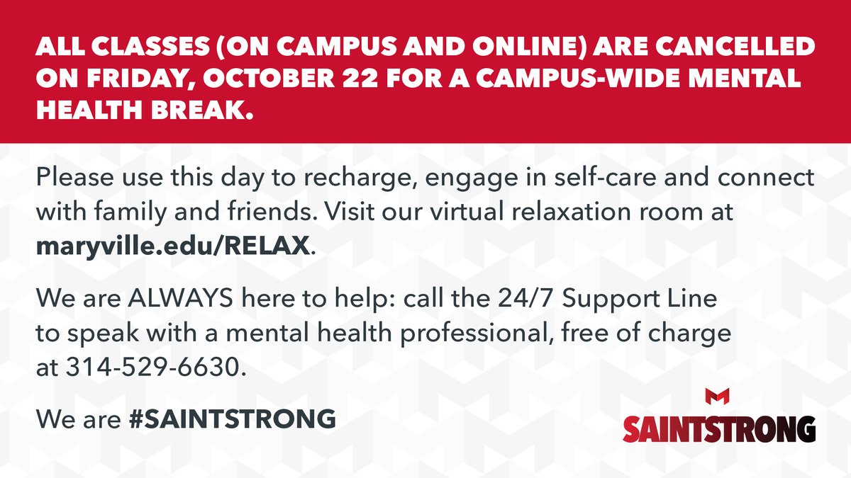 Tomorrow (10/22) is a Mental Health Day at Maryville. We've canceled classes, on campus &amp; online. We're all working through the anxiety, emotional challenges, &amp; stressors of living in this time, while continuing to engage in class &amp; work our jobs. It's time for a day off; be well