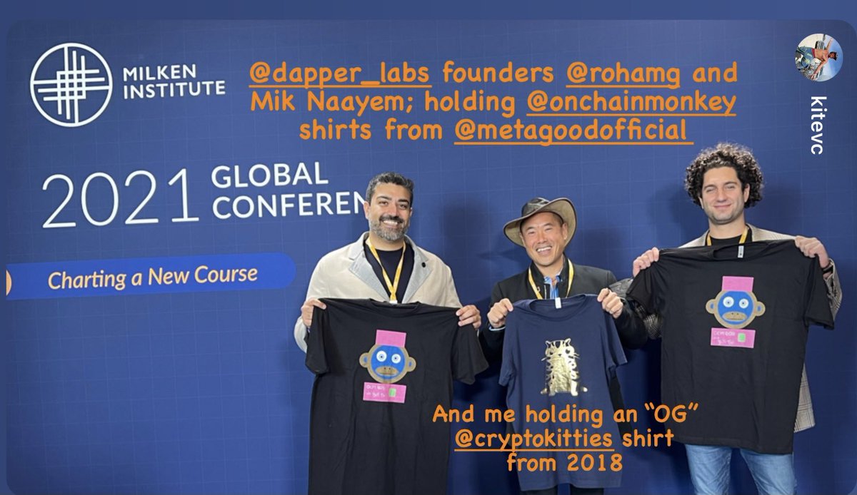OnChainMonkey's tweet photo. Hi @roham and @Mik_Naayem we love your @OnChainMonkey #808 tees and the OG @CryptoKitties tee that @KiteVC is rocking at the @MilkenInstitute conference.  Thanks @roham for investing in @metagoodnft and we are excited to partner with the @flow_blockchain ✊🐵🌟#MonkeyBusiness https://t.co/TLnyeAsC4O