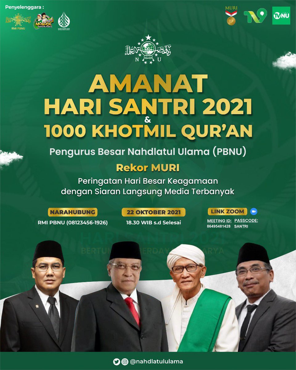 ayomondok's tweet photo. Amanat Hari Santri 2021, 1000 Khotmil Qur’an dan Pemecahan Rekor MURI “Peringatan Hari Besar Keagamaan dengan Siaran Langsung Media Terbanyak” 

#HariSantri2021 #PuncakHariSantri #RekorMURI #AmanatHariSantri #1000KhotmilQuran #PBNU https://t.co/jYRQ27XVCS