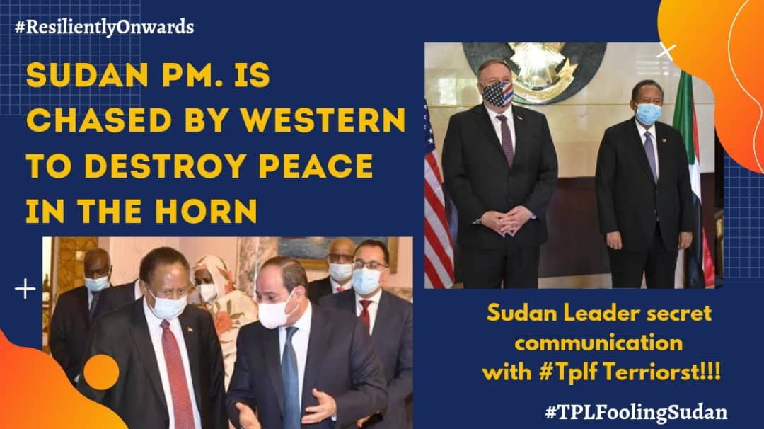 firobekuma's tweet photo. @SudanPMHamdok communicating with #TPLFTerroristGroup Gen.Tsadikan G/Tinsae would've been healthy if only Tsadikan wasn't solemnly promising to destroy Ethiopian Gov't that helped Sudan to settle not long ago. #TPLFoolingSudan #ResilientlyOnwards @aftaburhan @PowerUSAID @USAmbUN https://t.co/csmYyWln6p