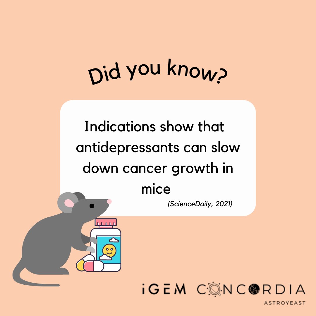 💊 Indications show that antidepressants can slow down cancer growth in mice

👉 bit.ly/30OFZFO

#igem2021 #concordiauniversity #csumtl #synbio #cancer #antidepressants