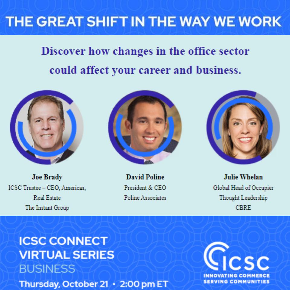 The pandemic has changed the way we work, including...

➡ Where we live &amp; work
➡ Co-working 
➡ Health mandates
➡ Resignations

What would you add to this list?

Honored to join ICSC 'The Great Shift in the Way we Work'

 #recruitplacedevelop #ICSC #greatresignation #virtual