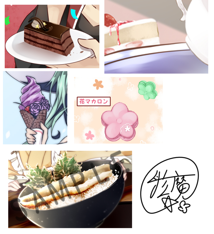 これまでに描いた食べ物。
個人的には🌸マカロン好きです💕
*一部仕事絵のため透かしを入れています。 