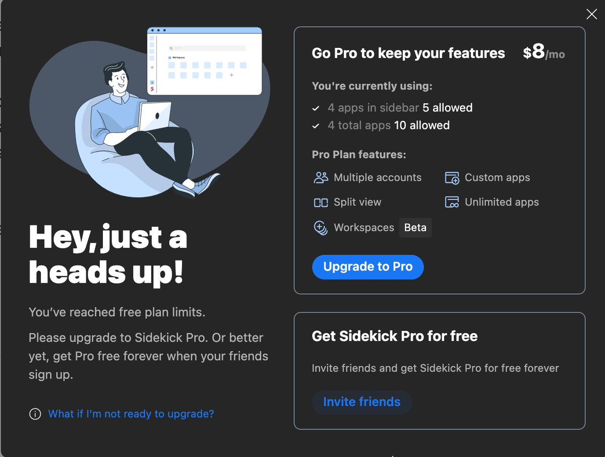 boyEatsSteak's tweet photo. @meetsidekick I am currently only using 4 apps, and it shows I'm allowed 5, but I still am being told I've reached my free plan limit. It seems to pop up once a day.
Is this a bug, or just aggressive advertising for Pro? https://t.co/3bcowjrRTF